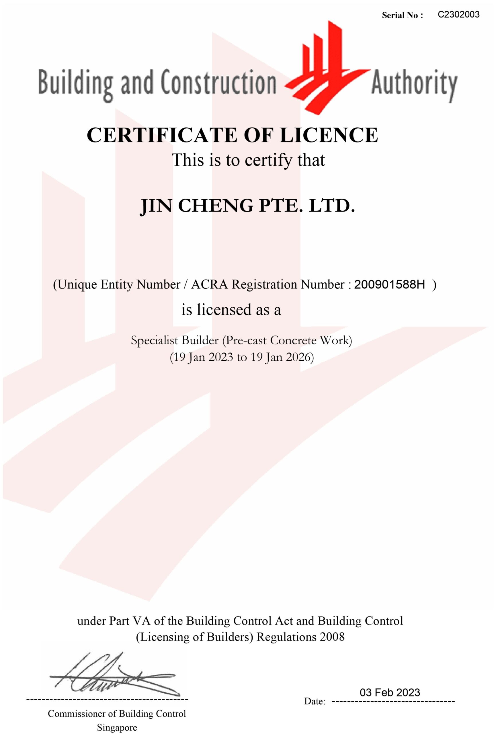 image of BCA Certificate of Licence